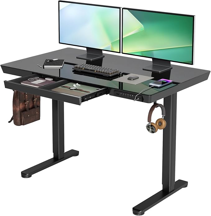 Claiks Glass Standing Desk with Drawers, 48×24 Inch Adjustable Stand Up Desk, Quick Install Home Office Computer with USB Ports, Black