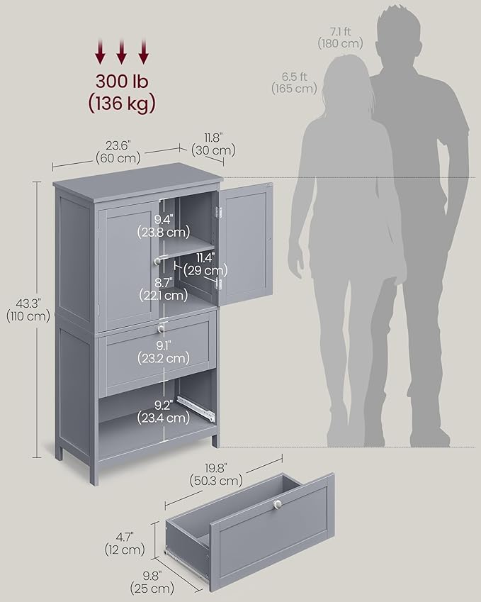 VASAGLE Floor Storage Cabinet, Freestanding Storage Unit with 2 Drawers and 2 Doors, Adjustable Shelf, 11.8 x 23.6 x 43.3 Inches, for Entryway, Bathroom, Dove Gray UBBC551G02