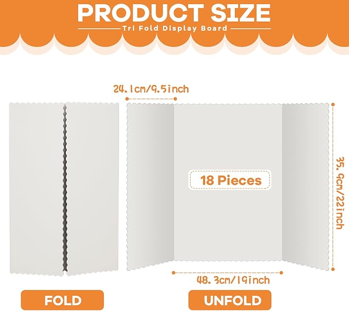 Ctosree 18 Pcs 22 * 38 Inch Tri Fold Poster Board Bulk, Science Fair Project Display Paperboard, Single Wall, Lightweight Presentation Board (White)