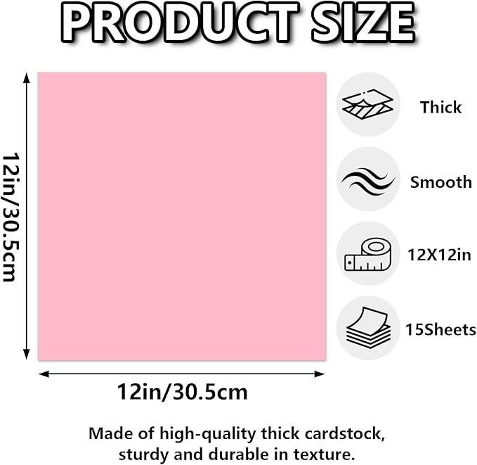 15 Sheets Pink Cardstock 12"x12",250gsm/90lb Heavyweight Cover Cardstock Paper, Thick and Smooth Card Stock Perfect for Card Making, Scrapbooking and Crafts (Pink)