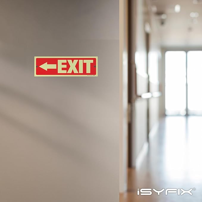 iSYFIX Exit Signs with Directional Left Arrow - 12 Pack 12x4 Inch Glow in the Dark for Business, School, Office, Warehouse - Durable 40 Mil Polystyrene, UV Laminated, Waterproof, Scratch & Fade Resistant