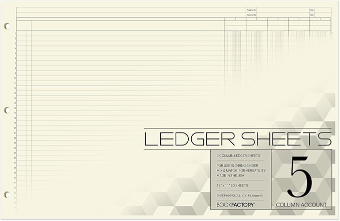BookFactory Ledger Sheets/Large 5 Column Accounting Ledger Columnar (Five Columns) Loose Leaf Paper - 17'' x 11'', 50 Pages, Loose Leaf, 3 Hole Punched (Made in USA)