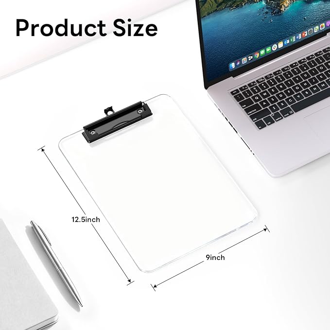 Zoenley A4 Plastic Clipboard Set of 12, Clear 12.5 x 9 Letter Size for Classroom, Students, Teacher, Nurse, A4 Transparent 8.5 x 11 Clip Board with Low Profile Black Clip, Office & School Supplies