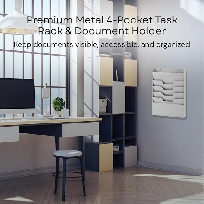 MAXXBUILD 4 Tier Wall Mounted File Organizer, Metal Task Rack for Office Documents, Mail & Folders, Space-Saving Office Wall Organizer, Graywhite 19.5”H