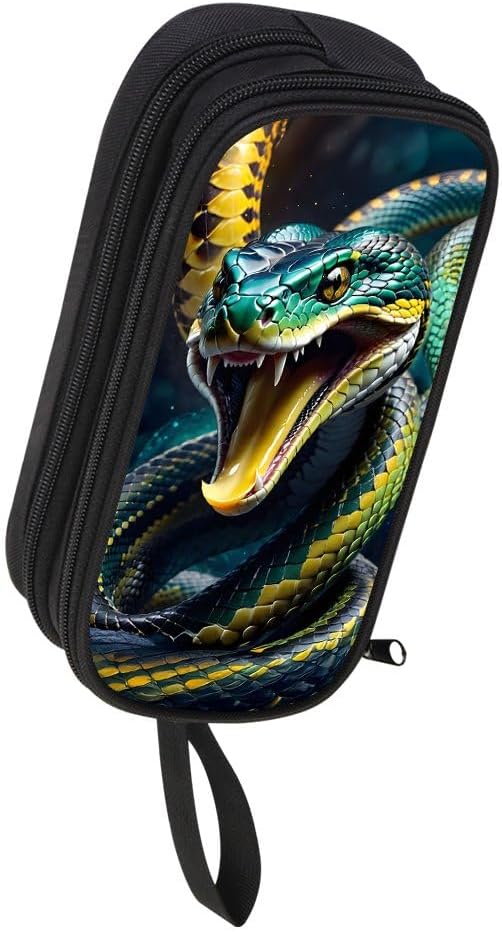 HiMagics Children's Pencil Case, Large Zipper Pencil Pouch for Boys with Two Compartments Boys Pen Pouch for School Snake Pattern Pencil Bag, Black