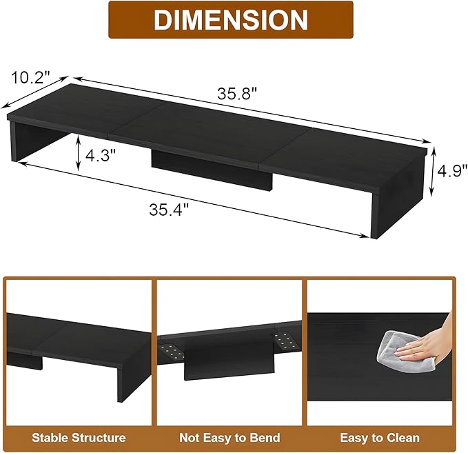Qupui Dual Monitor Stand Riser, Large Computer Monitor Stand for Desk, Monitor Riser for 2 Monitors, Wood Desk Shelf for Top of Desk, Desktop Organizer for Computer, Laptop, Printer, TV