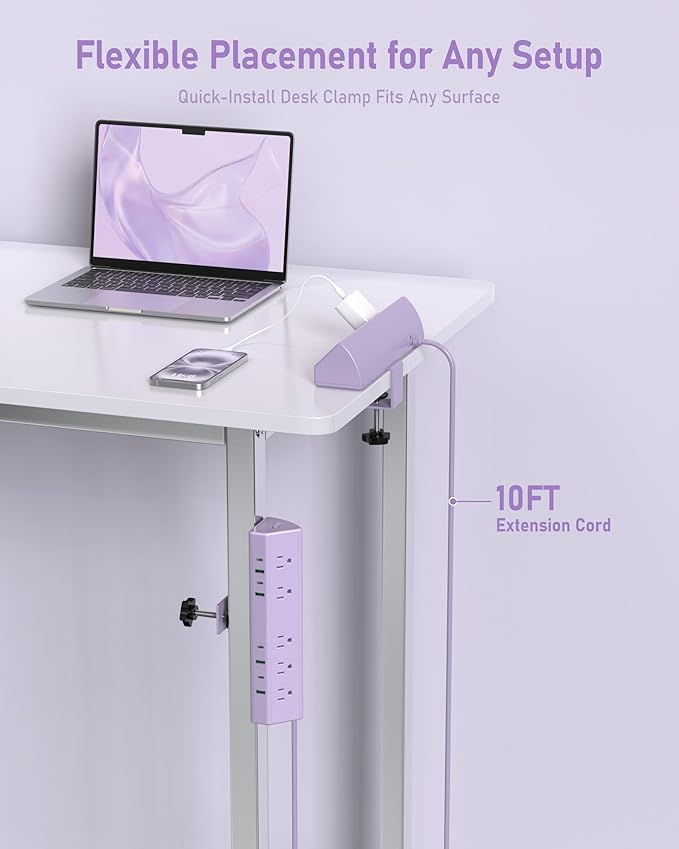 Jgstkcity Desk Clamp Power Strip,45W Fast Charging Station,4 USB-C,4 USB-A,1200J Surge Protector,ETL Listed,1875W Extension Cord,Multiple Outlets for Home, Office (Purple, 10 FT Cable)