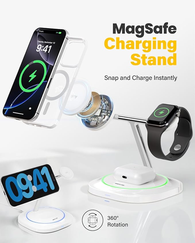 3 in 1 Magnetic Wireless Charger for Apple - Fast Charging Station Compatible with MagSafe for iPhone17-12, Apple Watch& AirPods, Phone and Watch Charger Stand for Desktop Bedside Nightstand (Ivory)