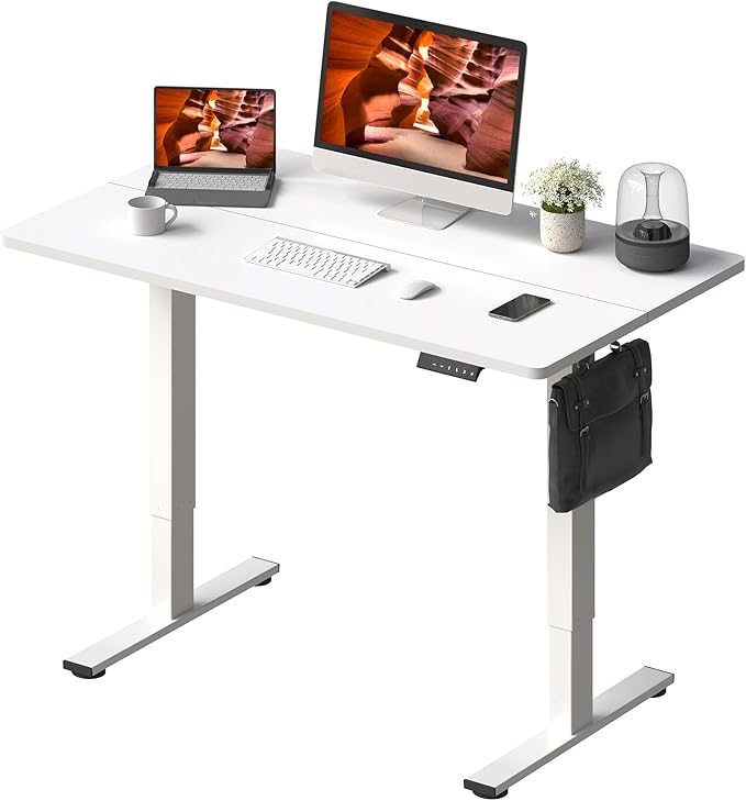 FitStand Adjustable Stand Up Desk with Memory Preset, Standing Desks 40 x 24 Inch Electric Home Office Desk Computer Workstation, Splice White Top + White Frame