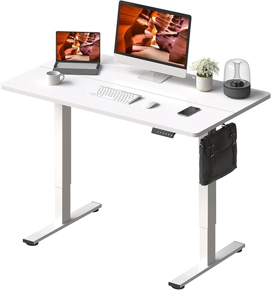 FitStand Adjustable Stand Up Desk with Memory Preset, Standing Desks 40 x 24 Inch Electric Home Office Desk Computer Workstation, Splice White Top + White Frame