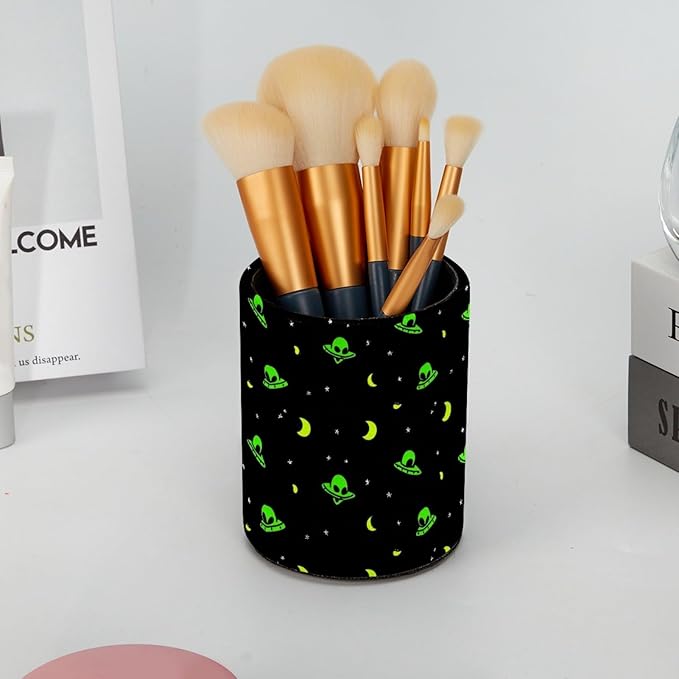 Leather Pen Holder for Desk Green Alien Moon Pencil Cup Desktop Organizer Makeup Brush Holders Office Supplies for Home, Kids & School