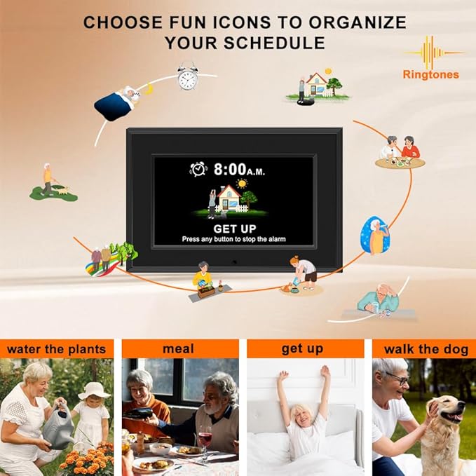 MYFMLI Digital Alarm Clock for Seniors - No-Abbreviation Date HD Display Auto Dimming Photo FrameWhite Noise DST Adjustment, Ideal Gift for Elders (7inch Black)