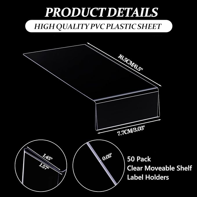 Containlol 50 Pcs Moveable Shelf Label Holders, Clear Bookshelf Label Library Shelf Markers Bookshelf Divider Tags for Library Office Classroom Home(6.5 x 3 x 1.57 Inch)