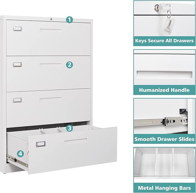 MIIIKO 4 Drawer Lateral File Cabinet with Lock, Black Office Filing Cabinet with Lock, Metal Horizontal Storage Cabinet with Large Drawers for Hanging Letter Legal File Folders