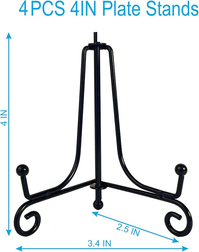 HENABLE 4PCS Premium Black Iron Plate Stands for Display 4 Inch, Decorative Solid Metal Plate Holders for Displaying, Mini Easel, Frame, Book, Card, Plaque, Bowl, Picture Stands for Display