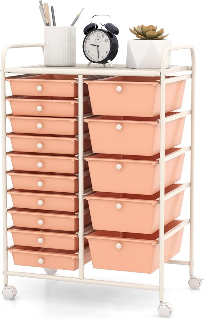 GLACER 15 Drawers Rolling Cart, Storage Cart with w/Removable Drawers & Steel Frame, Multipurpose Organizer Cart w/Sleek Handle, Utility Cart on Lockable Wheels for Home, School, Office (Peach)