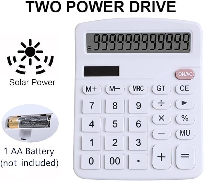 Office Desk Calculator, Cute Calculator for Kids, Basic Calculators Desktop, Dual Power Simple Financial Calculator with Big Button Large Display for Office Home and School (White)