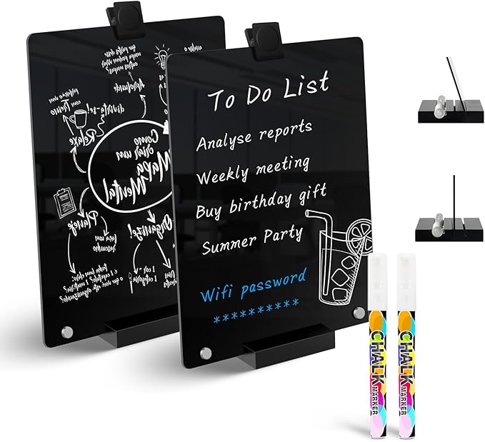 Kivsty 2 PCS Desktop Black Dry Erase Board with Stand - 12” x 8” Small Acrylic Black Board with Marker and Magnetic Clip, Reusable Desk Notepad, to-Do List, Menu Board Signs for Bar, Office, Home