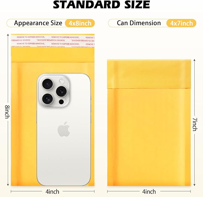 Ctarsthome 52Pack Yellow 4x8inch Kraft Bubble Mailers Small Business Mailing Packages Self-Sealing Paper Envelopes, Mailer Shipping package Strong Adhesion Padded Envelopes for Jewelry Makeup Supplies