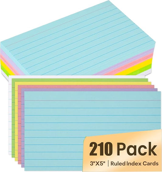 Index Cards 3x5, Ruled Flash Cards for Studying, Colored Note Cards Study Cards, 210 pcs Flashcards for Office and School Suplplies
