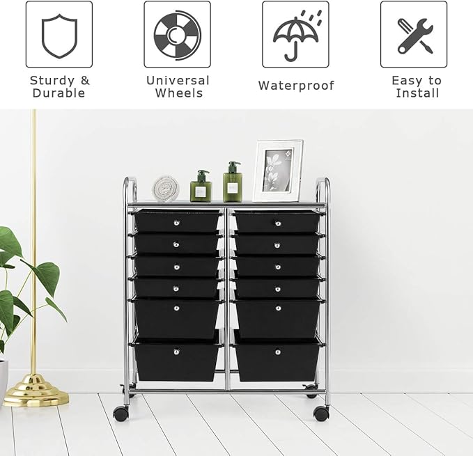 LDAILY 12 Drawer Rolling Storage Cart, Craft Cart Organizer on Wheels w/Metal Frame, Large Capacity & Smooth Drawer, Rolling Cart w/Drawers for Classroom, Office