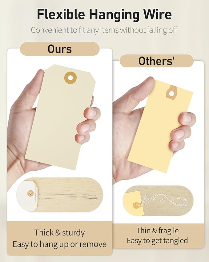 Uniclife 100 Pcs Manila Tags Blank Shipping Tag with Wire Attached 4.7 Inch Paper Hang Tag with Reinforced Eyelet Large Marking Writable Price Tags Inventory Label, 4.7" x 2 3/8"