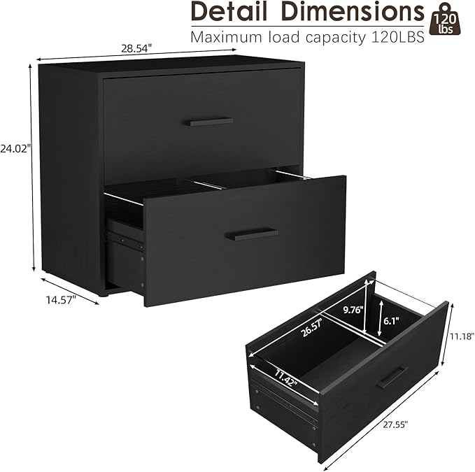 FATIGOS Lateral File Cabinet, Wood Black File Cabinet with Hanging Bars for Letters, Horizontal File Cabinets for Home Office, Black
