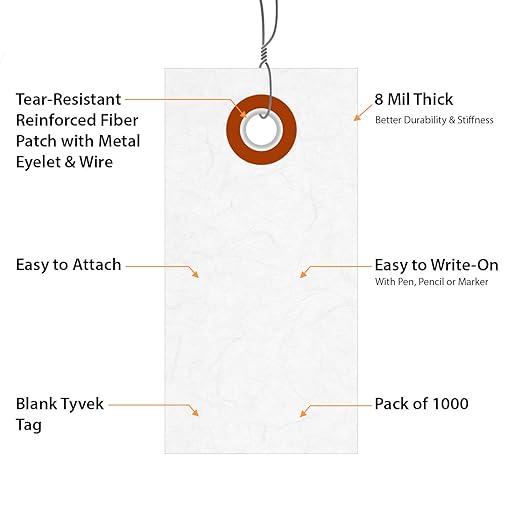 SmartSign (Pack of 1000) 2.75 x 1.375 inch “White” Blank Tyvek Shipping Tags with Wire, Size #1, 8 mil Thick Tyvek