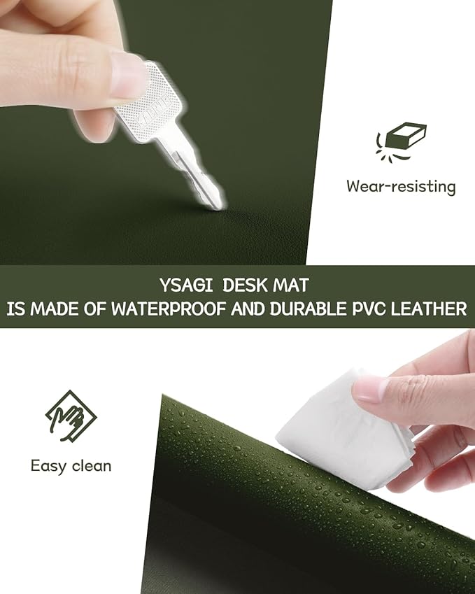 YSAGi Non-Slip Leather Desk Pad, Waterproof Laptop Computer Desk Keyboard Mat, Table Protector Blotter Mat, Large Mouse Pad for Office/Work/Home/Decor(Olive Green, 31.5" x 15.7")