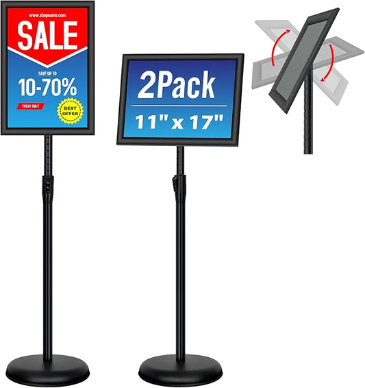 VAIIGO Adjustable Sign Holder Stand - 2Pack 11x17 Inch Pedestal Poster Sign Stand, Heavy Duty Floor Standing Sign Stand Aluminum Snap Open Frame for Church Business Store Sign Holder Stands (Black)
