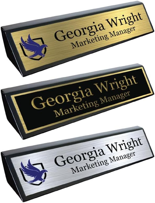 Custom Desk Wedge Name Plate - Personalized Titles and Styles (2x10 Inch, Black Piano Finish w/Name Plate)