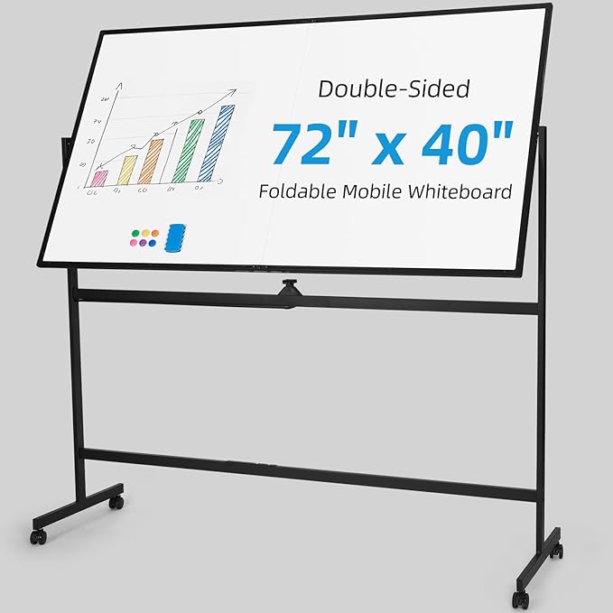 VOWNER Double-Sided Magnetic Whiteboard, 72" x 40" Large Mobile Dry Erase Board, Reversible Rolling White Board with Aluminum Frame & Stand, for Home Office, Classroom, School, Black