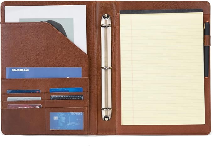 Geslun Personalized Genuine Leather 3 Ring Binder, Custom Engraved 8.5 x 11 Letter Size Folio with Pen Holder, Soft Notebook Portfolio Cover, Notepad Padfolio Organizer for Meeting, Brown, Oil Tanned
