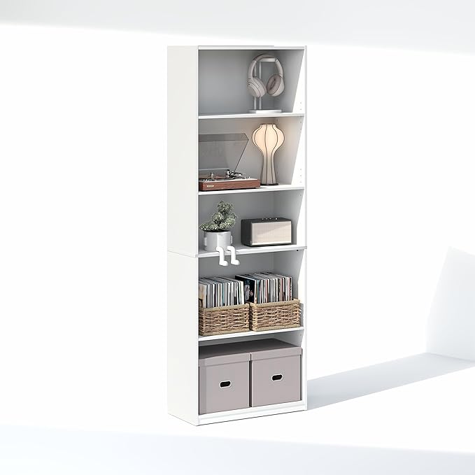 Furinno GEHRY DVD Shelf, 5-Tier CD Rack, Media Shelf with Adjustable Shelves, DVD Storage Cabinets for CD Blueray Game Disc, Easy Assembly, for Living Room, Home Office, White