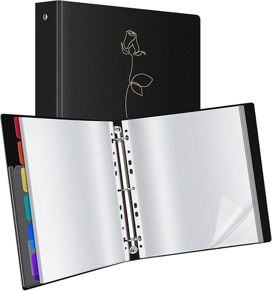 Uquelic 50-Pocket Binder with Plastic Sleeves for Letter/A4 Size(11" x 8.5"), Golden Rose Printed Cover, Document Binder Organizer for Papers, Certificates and Artwork with Rainbow PP Divider Pages