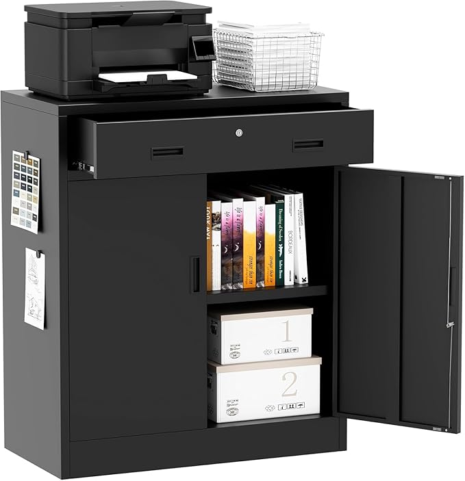 TaskStorz Metal Storage Cabinet 36" H, Garage Storage Cabinet with 2 Lockable Doors and 1 Drawer, Steel File Cabinets with Adjustable Shelves for Home Office, Garage, School, Apartment, Warehouse