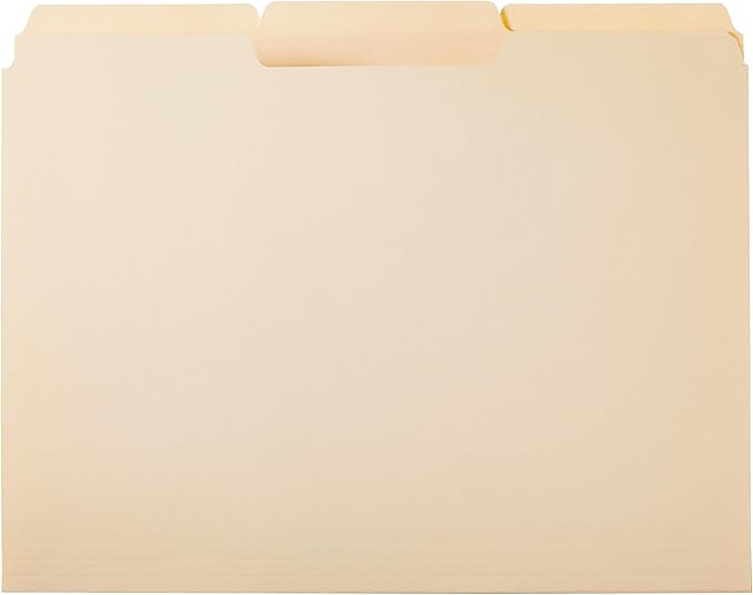 Amazon Basics File Folders with Tabs for Filing, 1/3-Cut Tab, Assorted Positions, 8.5x11 inches, Letter Size, Manila, Pack of 100