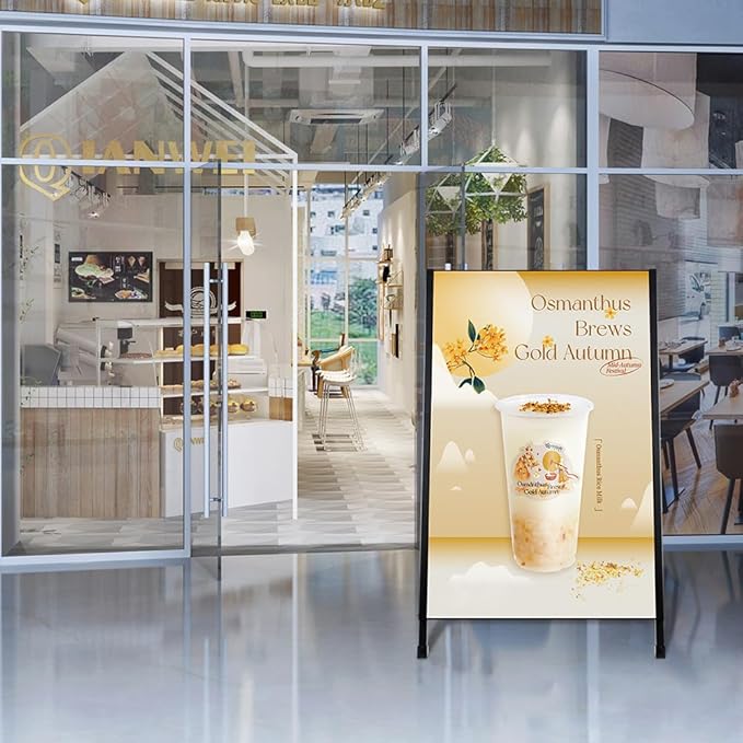 DISPLAYSWORKER Heavy Duty A-Frame Sidewalks Signs 24x36 Inch ,outdoor Sandwich Board Sign Black Coated Steel Metal Double-Sided，Slide-in Folding with 2 Corrugated Plastic Poster Boards&2 Anti-Glare