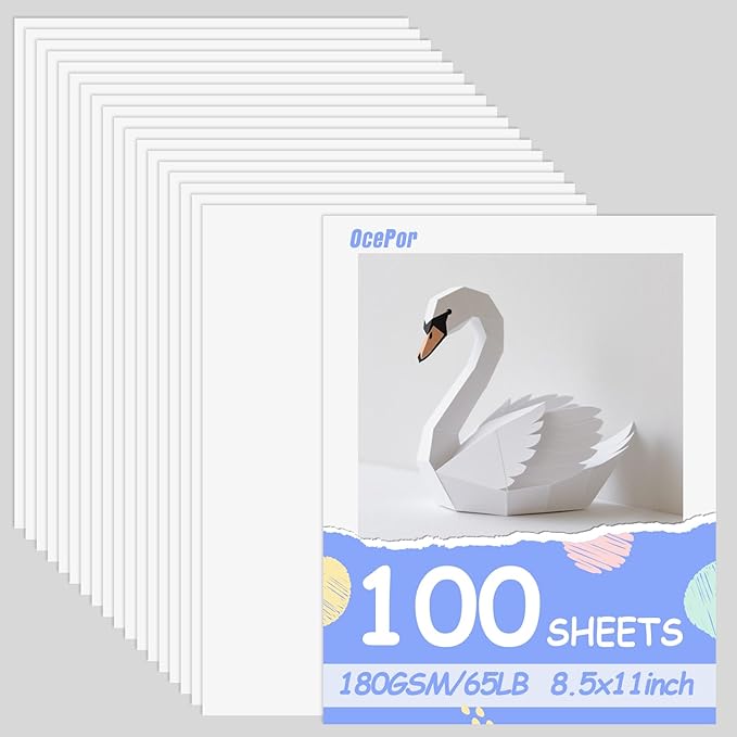 OcePor 100 Sheets White Cardstock 8.5” x 11”, 65lb/180gsm White Card Stock, Thick Card Stock Paper, Heavy Cardstock Paper for Printer, Resume, Scrapbooks, Art, Crafts, Business Cards