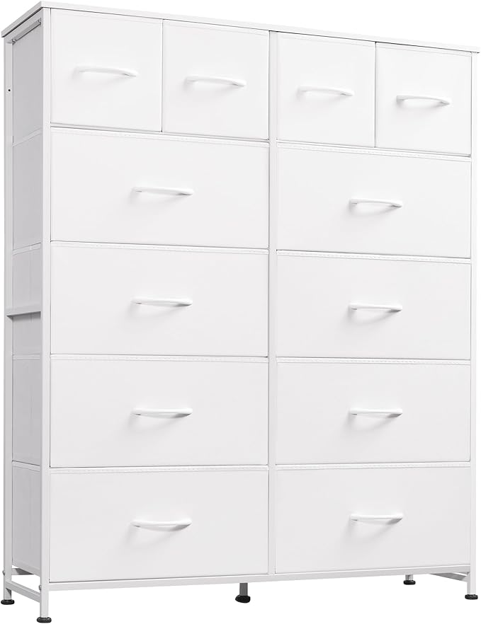 WLIVE Tall White Dresser for Bedroom with 12 Drawers, Dressers & Chests of Drawers, Fabric Dresser for Closet, Living Room, Storage Dressers with Storage Drawers, Steel Frame, Wood Top