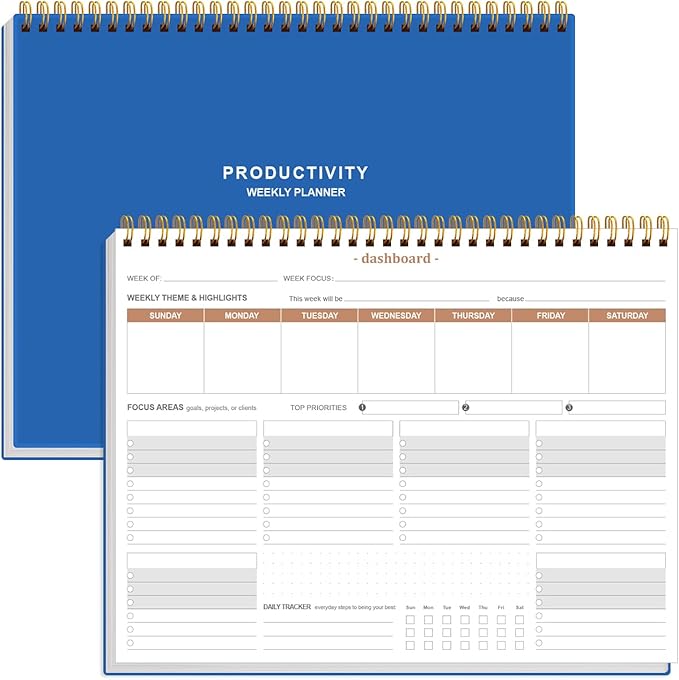 Weekly Productivity Planner - 8.5" x 11" Dashboard Desk Notepad Has 6 Focus Areas to List Tasks for Goals, Projects, Clients, Academic or Meal-Organize Your Daily Work Efficiently, 54 Weeks, Blue