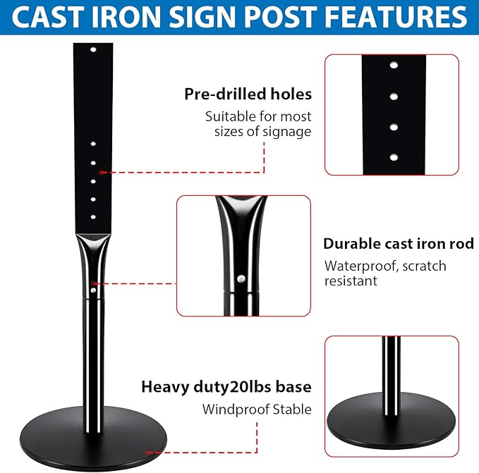 VAIIGO Heavy Duty Parking Sign Post Stand 49", 20lbs Cast Iron Base Sign Post for Outside Sign Holder, Yard Sign Stand, Street Sign Post, Black