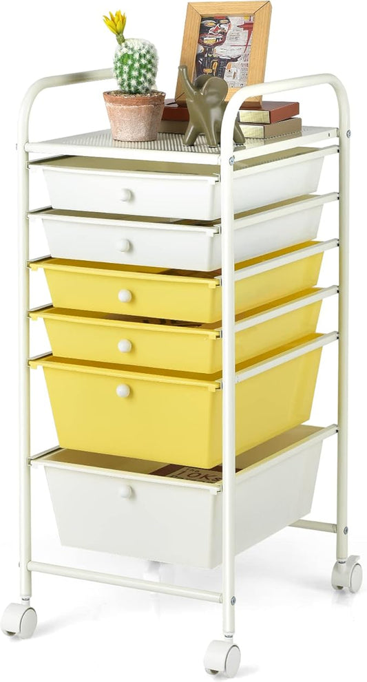 Giantex 6 Storage Drawer Cart Rolling Organizer Cart for Tools Scrapbook Paper Home Office School Multipurpose Mobile Utility Cart (Beige & Yellow)