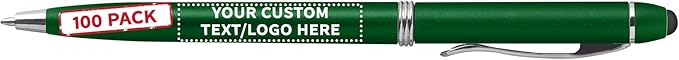 DISCOUNT PROMOS Custom Twist Action Plastic Stylus Pens, Set of 100, Personalized Bulk Pack - Pens for Work, Cool Pens for Writing, Black Ink - Green