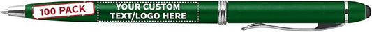 DISCOUNT PROMOS Custom Twist Action Plastic Stylus Pens, Set of 100, Personalized Bulk Pack - Pens for Work, Cool Pens for Writing, Black Ink - Green
