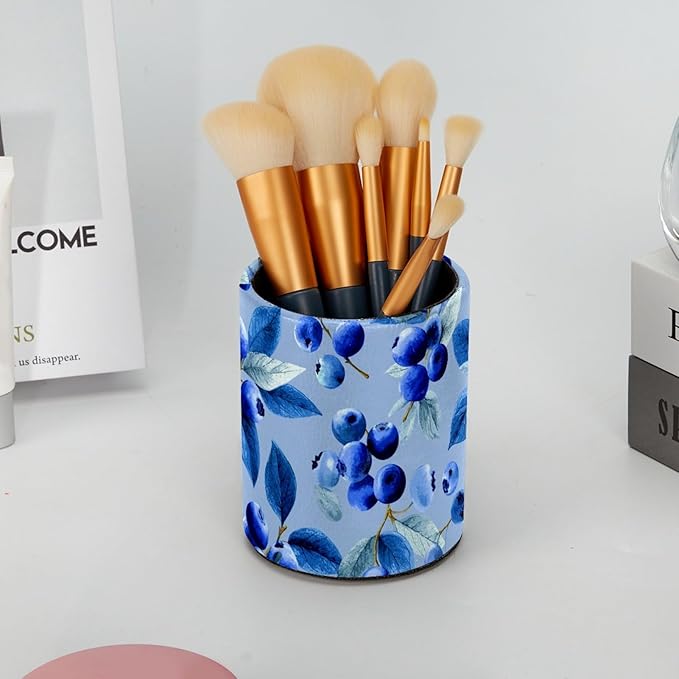 Leather Pen Holder for Desk Blueberry Blue Pencil Cup Desktop Organizer Makeup Brush Holders Office Supplies for Home, Kids & School