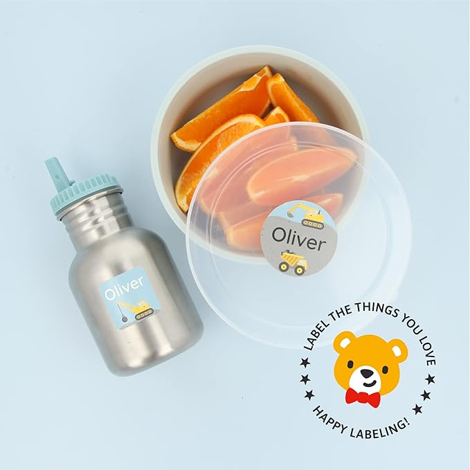Large Name Labels for Kids (33) - Custom Stickers for Daycare and School Supplies - Durable, Waterproof Stickers for Water Bottles, Lunch Boxes, and More with Unique Designs - Constructions