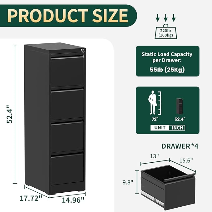 Yukimo 4 Drawer File Cabinet with Lock, Vertical Filing Cabinets for Home Office, Locking File Cabinet Hanging Files for A4/ Legal/Letter, Require Assembly, Black