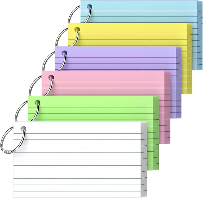 Ciphyfee Index Cards 3x5 Inch With Ring, 300 Count, Ruled Colored Index Card, 180GSM Flash Cards College Ruled for Students, Teachers, Study Note Card for Office, Home, School, Office
