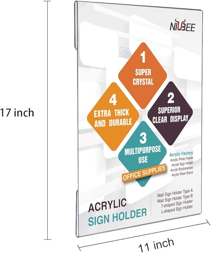 Niubee 6 Pack Acrylic Sign Holder 11 x 17 inches Wall Mount Sign Holders Clear Acrylic Frame with Double Sided Tape Clear Poster Frames Plastic Sign Holder for Office, Home, Restaurant, Vertical